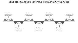 Timeline PowerPoint slide featuring seven years from 2020 to 2026 with labels and sections in a grey zigzag pattern.