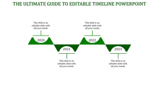 Modern timeline with green trapezoidal and semicircle markers, structured in a wave-like pattern from 2020 to 2023.