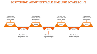 Timeline template with orange shapes marking years 2020 to 2026 and each containing descriptions.