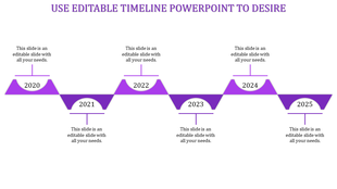 Timeline slide featuring a wave like purple path with alternating six milestone markers and text areas.