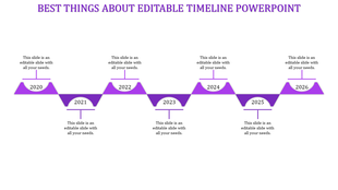 Timeline PowerPoint slide featuring seven years from 2020 to 2026 with labels and sections in a purple zigzag pattern.