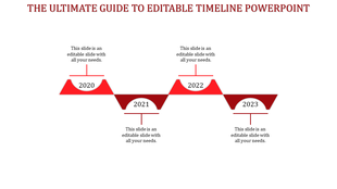 Red zigzag timeline with triangular and semicircle markers for years 2020 to 2023, connected by a horizontal bar.