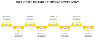 Timeline slide with years 2020 to 2027, featuring yellow triangular markers and a horizontal line with placeholder text.