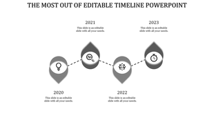 Timeline PPT slide with years 2020 to 2023, featuring grey icons for a lightbulb, magnifying glass, gear, and stopwatch.