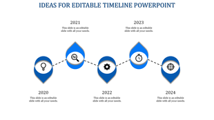 Blue and white timeline design with teardrop shaped points, linked by a dashed black line, showing five key steps.