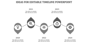 Timeline slide with years 2020 to 2024, featuring icons such as a lightbulb, magnifying glass, gear, stopwatch, and target.