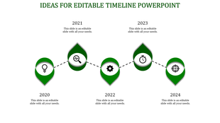 Timeline with green teardrop milestones for years 2020-2024, linked by a dotted path and connected to text placeholders.