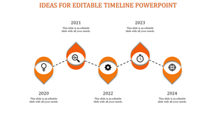 Curved orange timeline with teardrop shaped markers containing icons, connected by a dotted path representing progress.
