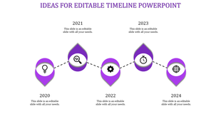 Timeline slide with years 2020 to 2024, featuring purple icons from lightbulb to target with placeholder text.
