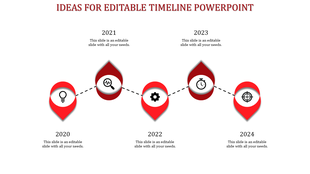 Five step timeline with red teardrop markers displaying years 2020-2024, connected by a dotted line and icons.