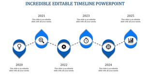 Five step timeline with blue teardrop markers displaying years 2020-2025, connected by a dotted line and icons.