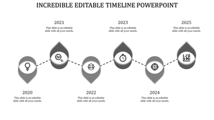 Timeline with six gray gradient markers in a zigzag layout, depicting milestones from 2020 to 2025.