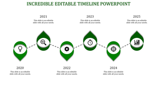 Timeline PowerPoint slide with years 2020 to 2025, each year represented by a green marker with icons and placeholder text.