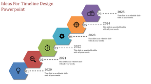 Diagonal timeline with stacked hexagons in blue, red, green, teal, orange, and purple, each labeled with years 2020 to 2025.