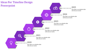 Timeline slide with purple hexagon shaped icons representing milestones from 2020 to 2025, showing stages with text area.