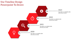 Red hexagonal timeline from 2020 to 2023, with icons for each stage and dashed lines linking to corresponding text.