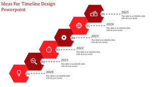 Modern red timeline with hexagonal blocks, white icons representing different milestones, and black dashed connectors.