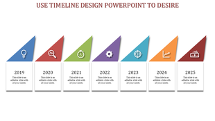 Colorful timeline with seven triangular icons on top of white boxes, marking years from 2019 to 2025 on a light background.
