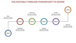 Minimalist timeline infographic with color-coded circular markers, arranged in a rising path from 2019 to 2024.