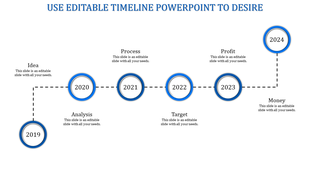 Blue themed timeline slide showing yearly milestones from 2019 to 2024 with captions.