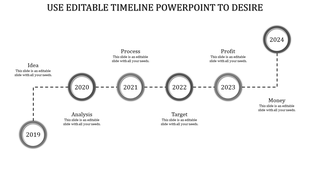 Timeline slide with six circular year markers in gray, linked in a dashed sequence, with key stages labeled on both sides.