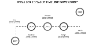 Timeline infographic with gray circular accents, showcasing a five year journey connected by a dashed path.
