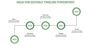 Timeline slide with milestones for Idea, Analysis, Process, Target, and Profit with a green color circle marked with years.