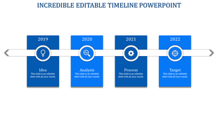 Horizontal timeline with a white arrow spanning years 2019 to 2022, linked to blue boxes containing icons and captions.