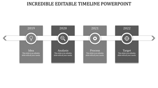 Timeline infographic with a gray gradient theme, featuring four milestone labels, and white circular icons.