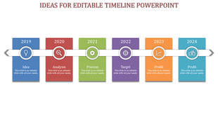 Multicolored timeline with a white arrow labeled from 2019 to 2024, linking circular icons to rectangular sections below.