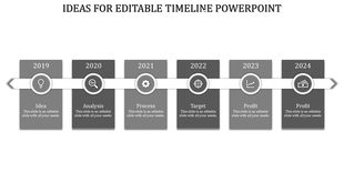 Horizontal timeline with six gray steps from 2019 to 2024, each labeled with a milestone and circlar icon.