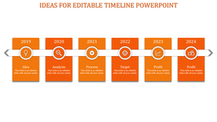 Modern timeline with a white horizontal arrow displaying years 2019 to 2024, each connected to orange vertical boxes.