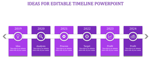 Timeline slide with a gradient purple theme, featuring six milestone labels, and white circular icons.