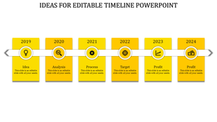 Modern timeline with a white horizontal arrow displaying years 2019 to 2024, each connected to yellow vertical boxes.