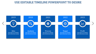 Modern timeline with a white horizontal arrow displaying years 2019 to 2023, each connected to blue boxes with icons.