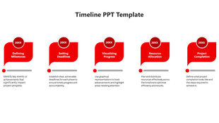 Minimalist red timeline with five steps, each containing a milestone and linked to a horizontal progress bar with dots.