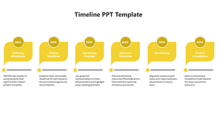 Minimalist yellow project timeline featuring six steps with rounded labels, each connected to a progress tracker with dots.