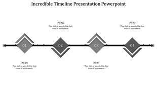 Monochrome timeline infographic with four 3D-style diamond markers positioned along a central black horizontal line.