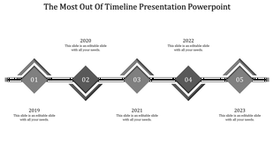 Timeline infographic featuring five gray diamonds, on a black connector, and evenly spaced milestone years.