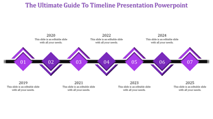 Timeline design with seven purple diamonds in light and dark shades, linked along a black horizontal line.