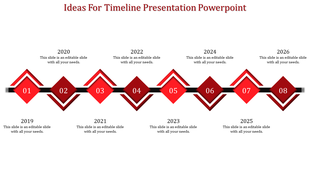 Timeline with eight red diamond shaped milestones, numbered 01 to 08, connected by a thick black bar.