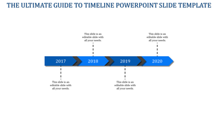 Timeline with a continuous blue arrow, featuring black chevron dividers, and milestone years from 2017 to 2020.