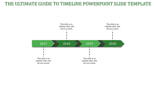 Horizontal timeline with four green arrow-shaped segments labeled 2017 to 2020, connected by black dividers.