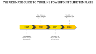 Four step timeline with yellow arrows representing years 2017 to 2020, arranged in a horizontal sequence with black dividers.