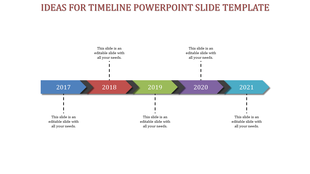 Horizontal arrow-shaped timeline with five colored segments spanning 2017-2021 and vertical connectors to content areas.
