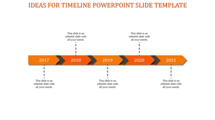 Arrow shaped timeline template with five orange colored year segments 2017-2021 and multiple placeholder text sections.
