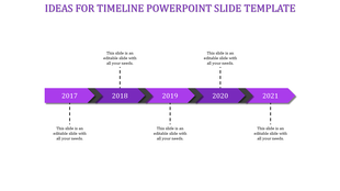 Horizontal timeline with purple arrow segments, black dividers, and milestone years from 2017 to 2021 on a white background.