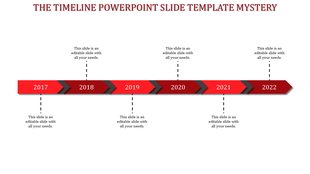 Timeline with a red gradient bar, featuring black arrow separators, and six years labeled with vertical dashed lines.