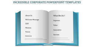 An open 3D book with a blue cover, featuring gray gradient pages, and structured corporate content on a white background.