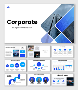 Corporate PPT blue-white slides, building image, geometric grid shapes, icons, and clean structured text boxes layout.